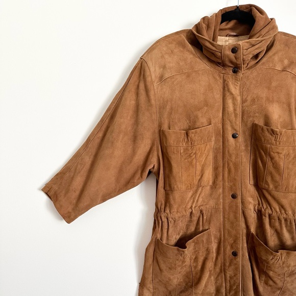 Vintage 90’s Funnel Neck Camel Oversized Retro Suede Jacket Shoulder Pads - Picture 2 of 15